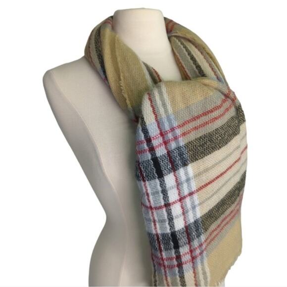 Beige Plaid Scarf Soft Cozy 80" x 26" Warm Winter Fringe Tartan Khaki - Picture 4 of 5